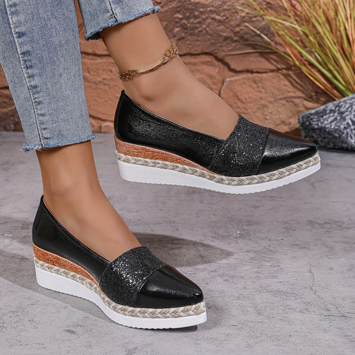 Pointed-toe Sequined Wedge Espadrille-soled Platform Slip-on Shoes