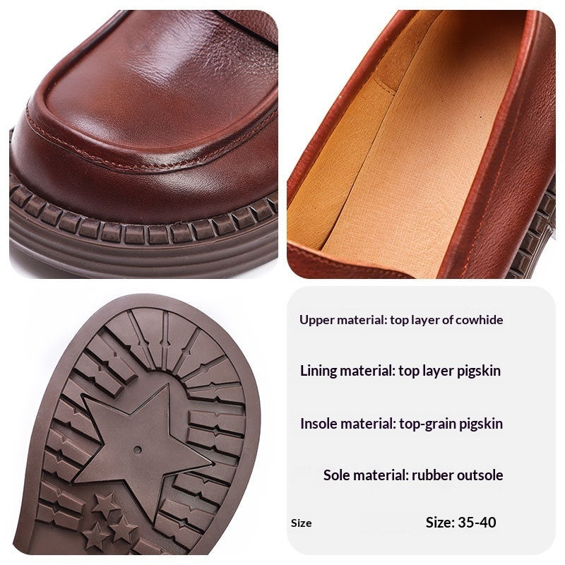 British-style Round-toe Chunky-heel Professional All-match Full-grain Leather Shoes