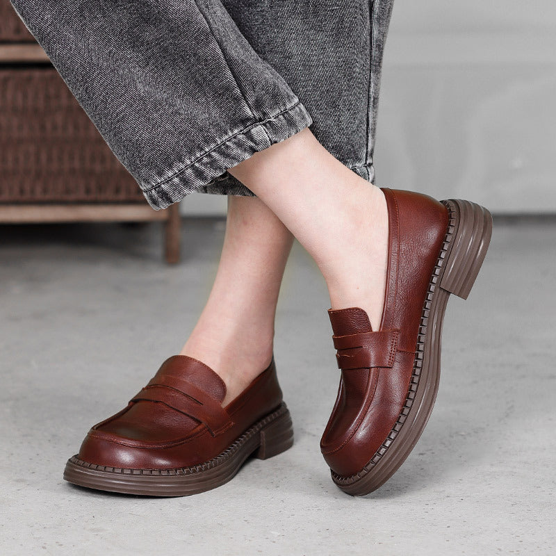 British-style Round-toe Chunky-heel Professional All-match Full-grain Leather Shoes