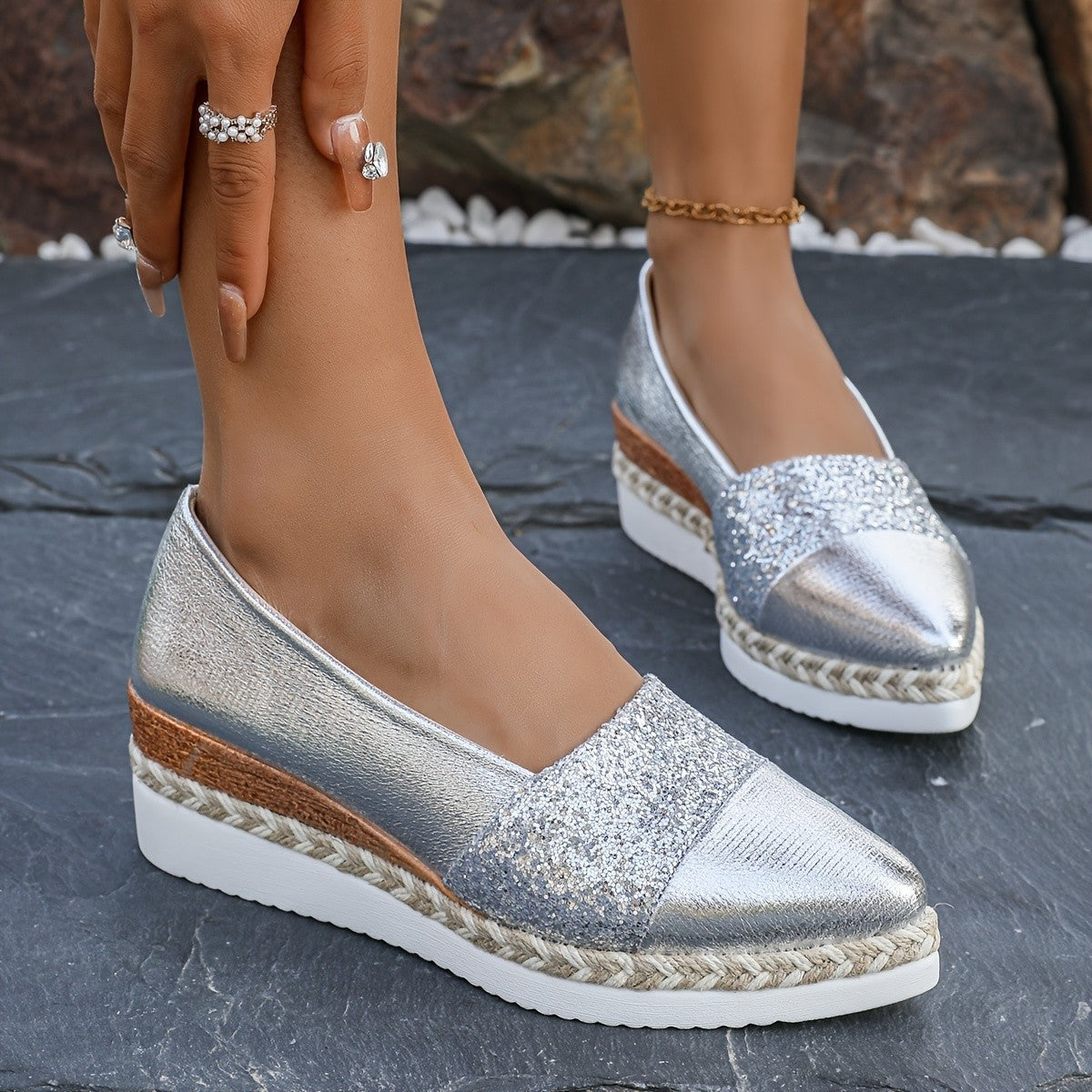 Pointed-toe Sequined Wedge Espadrille-soled Platform Slip-on Shoes