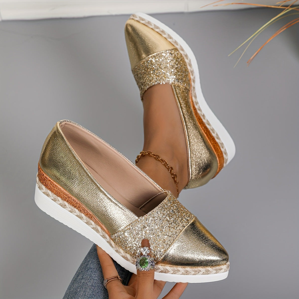 Pointed-toe Sequined Wedge Espadrille-soled Platform Slip-on Shoes