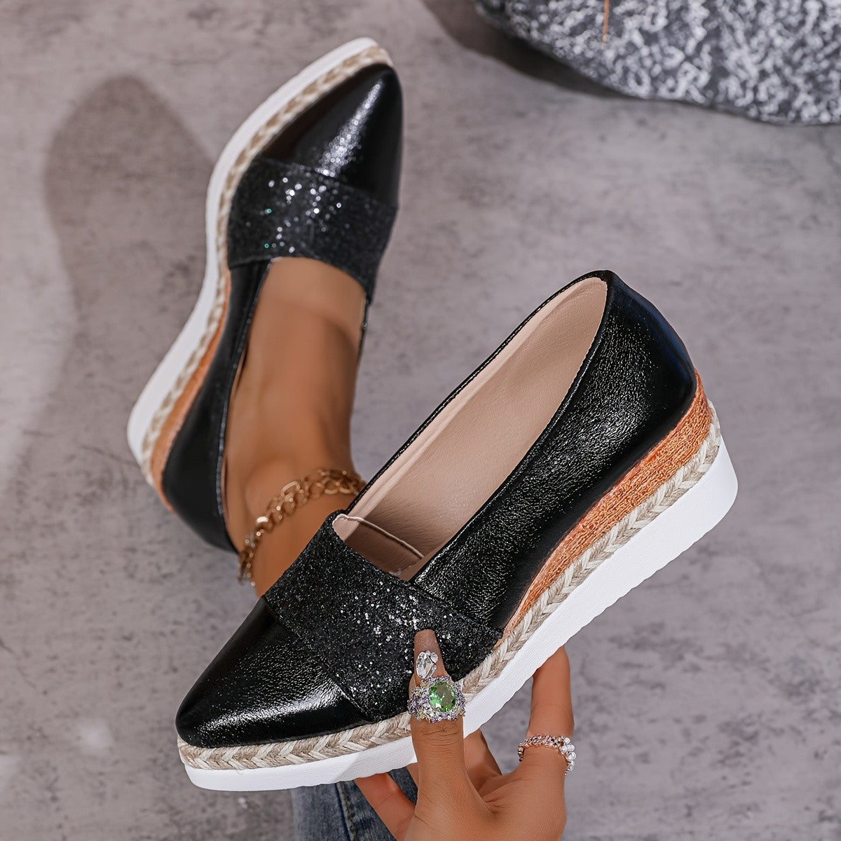 Pointed-toe Sequined Wedge Espadrille-soled Platform Slip-on Shoes