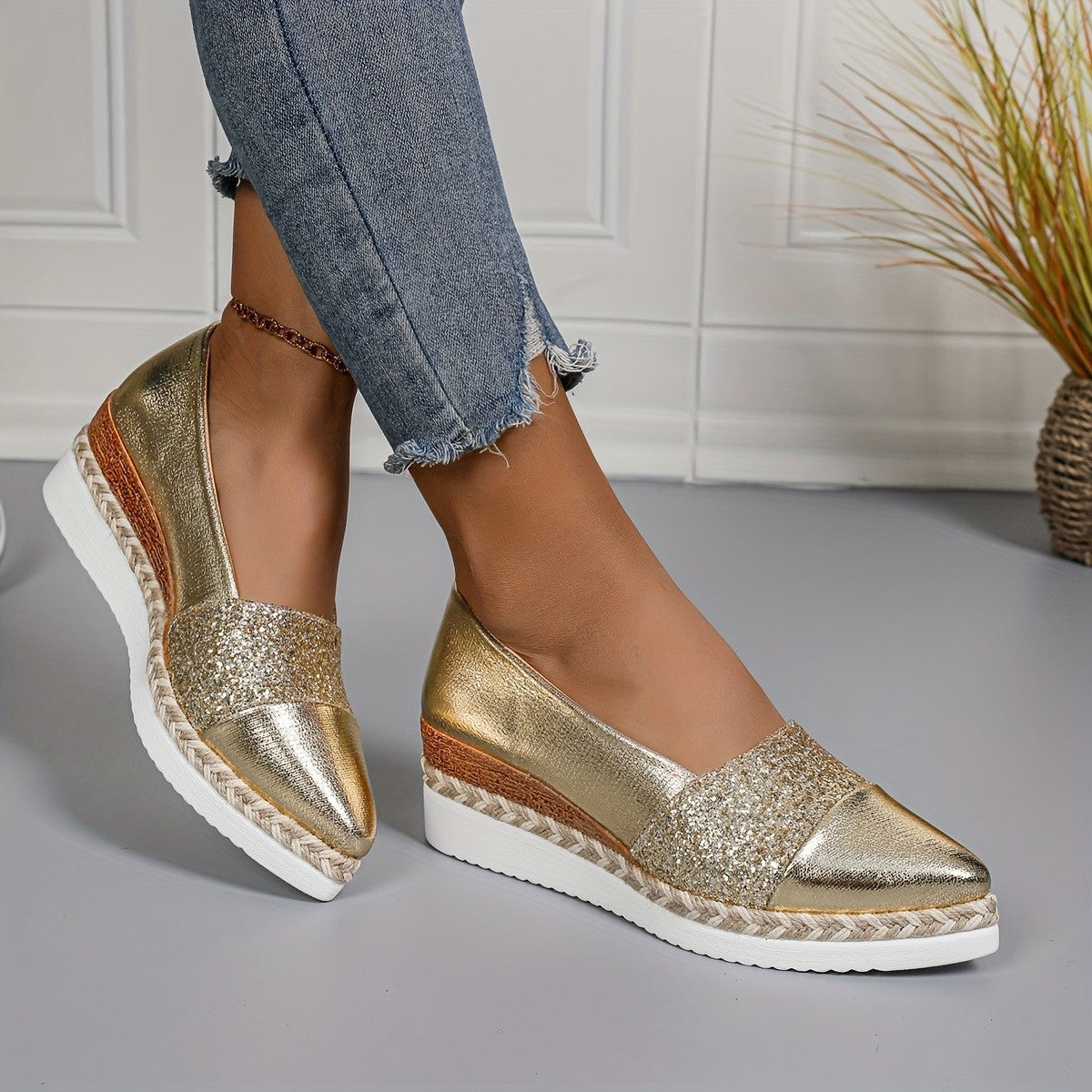 Pointed-toe Sequined Wedge Espadrille-soled Platform Slip-on Shoes